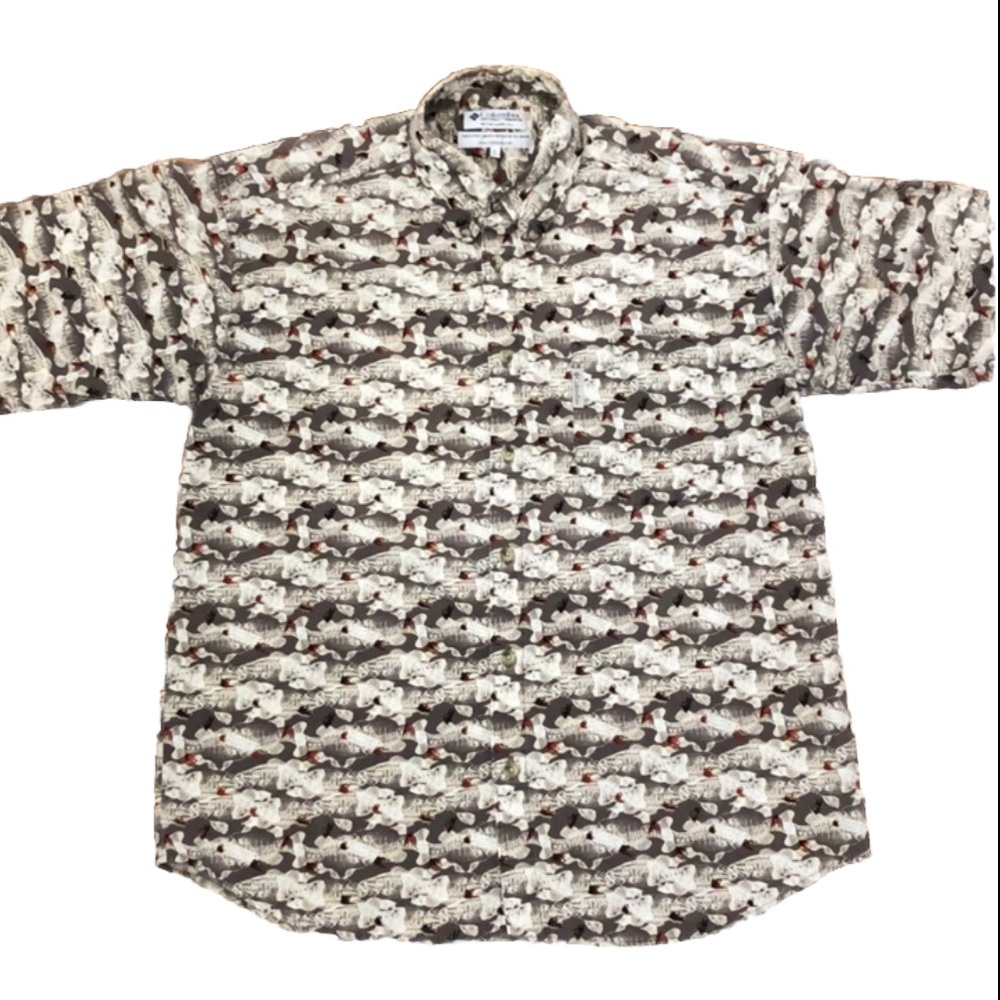Columbia Mens Vintage Fly Fishing Fish Print Short Sleeve Button Down Shirt L
